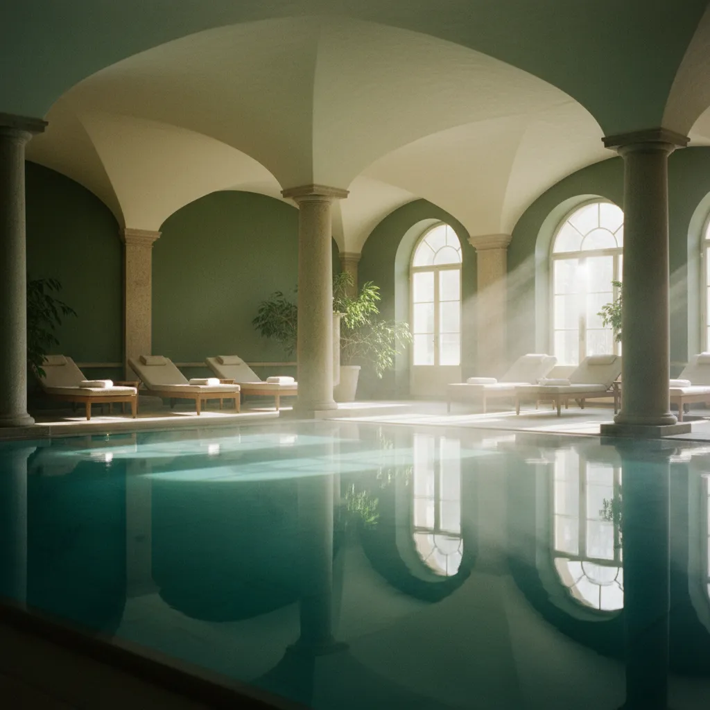Bassin thermal intérieur aux colonnes de pierre claire, vapeur légère au-dessus de l'eau