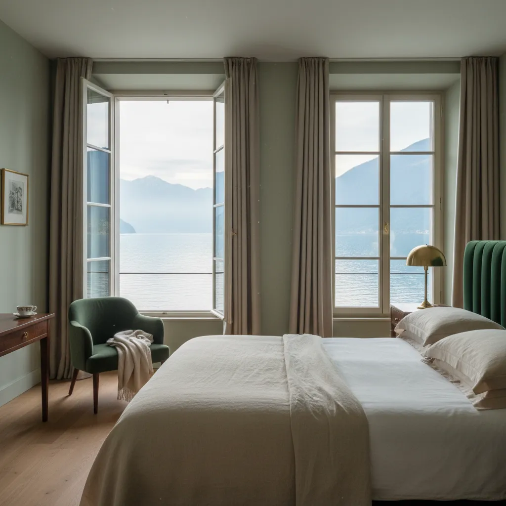 Chambre côté lac : lit en lin, hautes fenêtres et lumière du matin